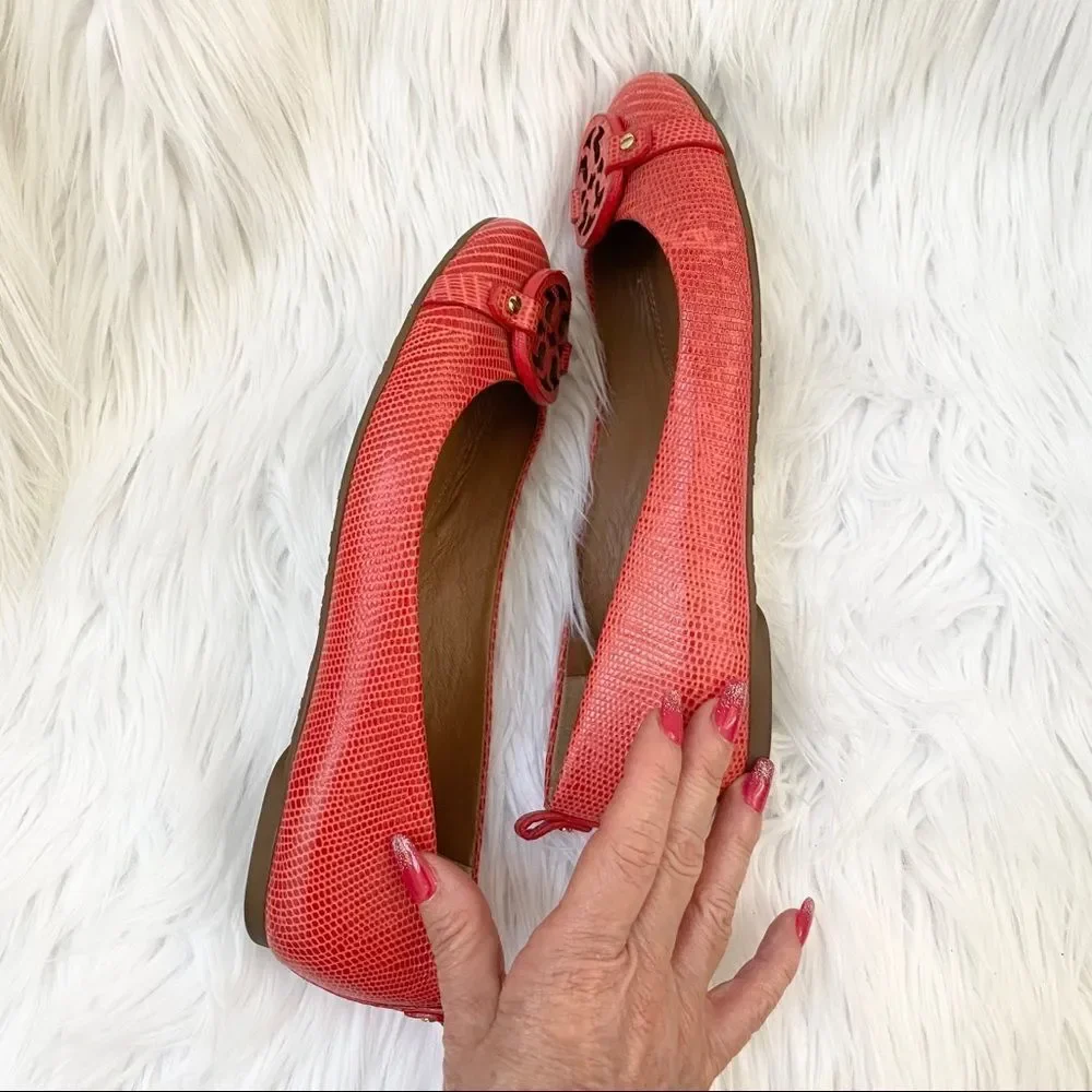 Tory Burch coral Mini Miller lizard flats 7.5